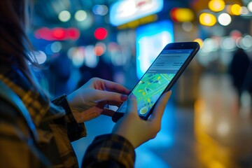 A woman is holding a cell phone in a busy airport terminal
