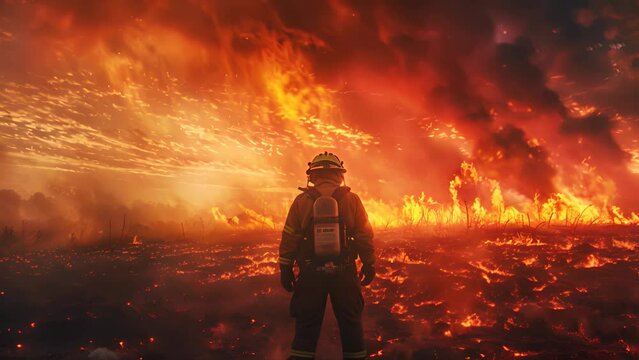 A firefighter stands in front of a burning field. The fire is so intense that it is almost impossible to see the ground. The firefighter is wearing a helmet and a backpack, ready to fight the fire