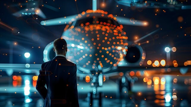 
man standing in front of an airplane. Technology applied to tourism. aeronautical technology