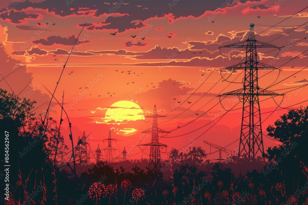 Poster a beautiful sunset with power lines in the foreground. suitable for energy or nature concepts