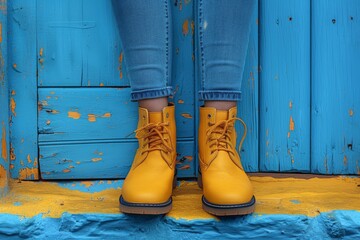 These striking yellow boots stand out against a weathered blue wooden doorway backdrop, highlighting bold style choices
