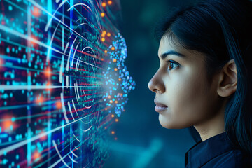 An Indian woman using AI(Artificial Intelligence) face recognition technology for cyber security