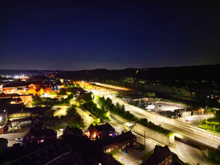 Aerial Night View of Illuminated Chesterfield City Centre, England United Kingdom. April 30th, 2024