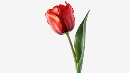 Capture the elegance of a single red tulip flower with a clipping path showcasing its side view This stunning bloom complete with leaves on its stem stands out against a clean white backgro