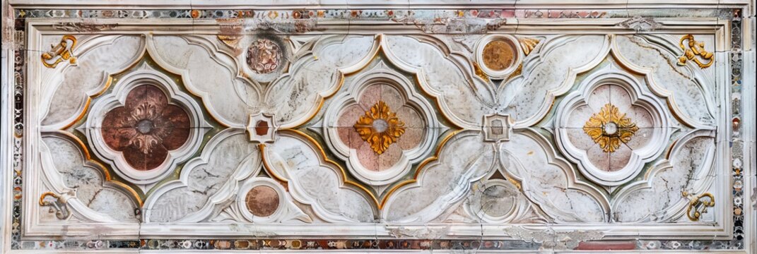 Lavish antique baroque, barocco ornate marble ceiling frame non linear reformation design. elaborate ceiling with intricate accents depicting classic elegance and architectural beauty