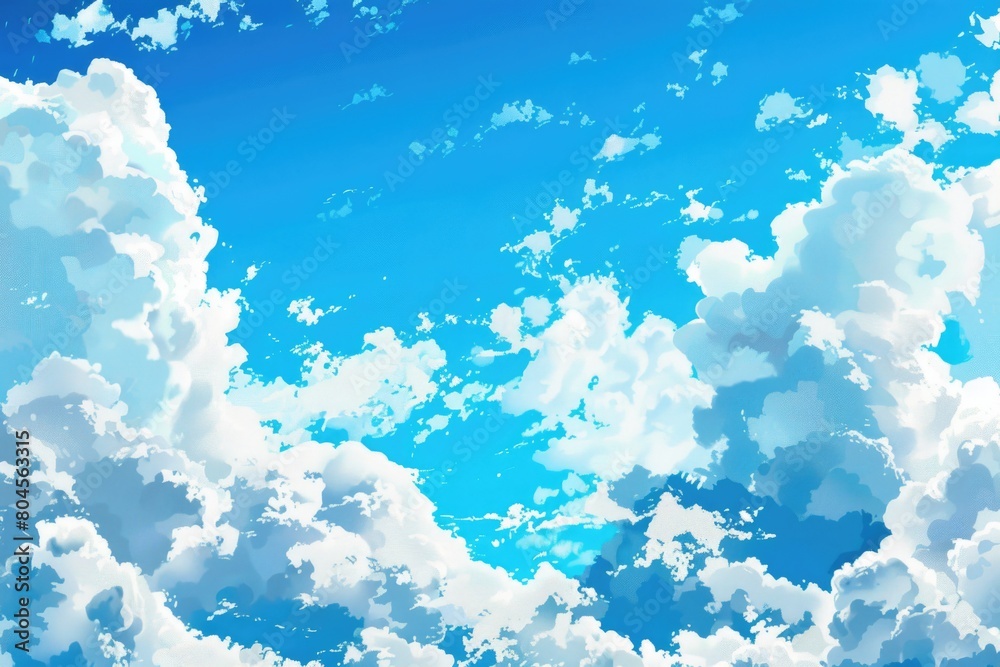 Poster A serene image of a blue sky with fluffy white clouds. Suitable for various design projects