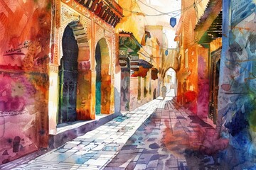 A vibrant watercolor painting of a bustling city street. Perfect for urban-themed designs