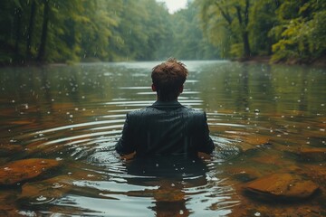 A man is standing waist-deep in a serene, forest-lined lake as rain gently falls around him
