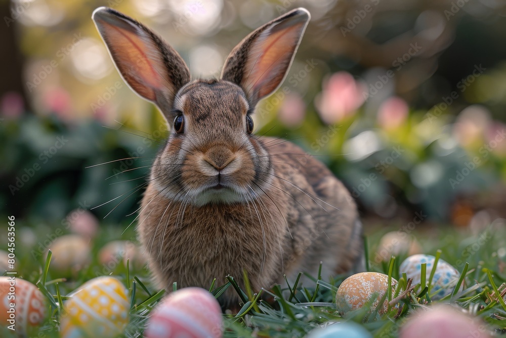 Canvas Prints A curious brown rabbit explores a garden, surrounded by Easter eggs and spring flowers, in a delightful scene - Canvas Prints