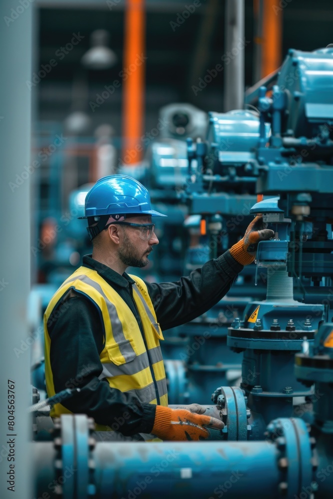 Poster a man in a hard hat and safety vest working on a machine. suitable for industrial and construction c