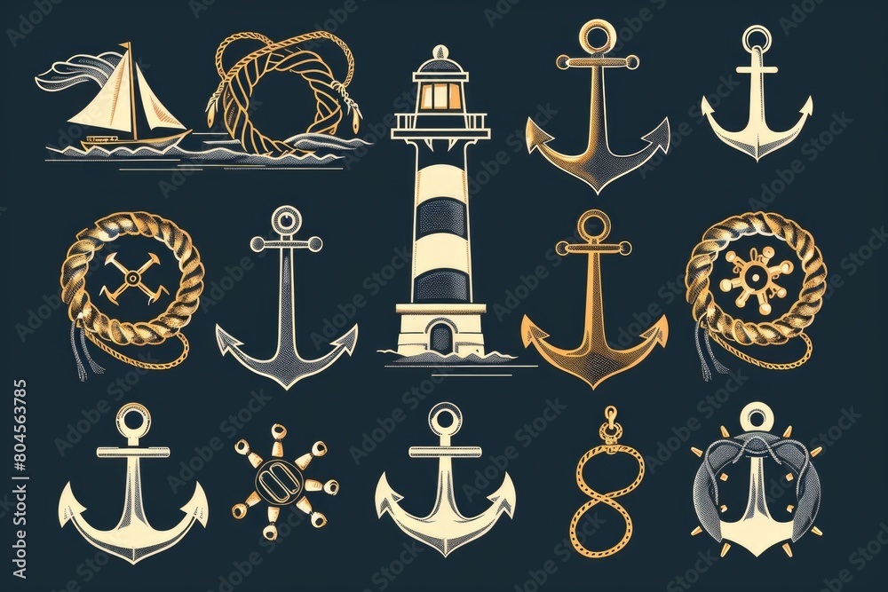 Poster assorted anchors on dark backdrop, suitable for nautical themes
