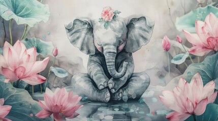 A beautiful painting of an elephant with a flower on its head. Perfect for nature lovers and animal enthusiasts