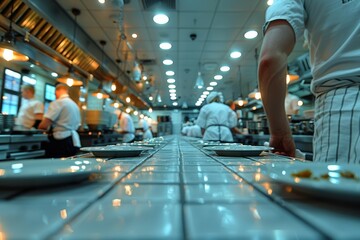 Low angle view of a bustling commercial kitchen revealing the organized chaos and precision of professional chefs at work