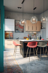 Kitchen interior in modern house in Pop-Art style.