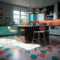 Interior of kitchen in modern house in Pop-Art style.