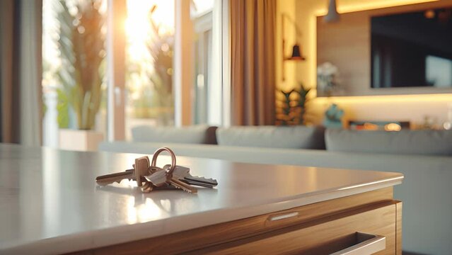 A white countertop with a few keys on it. The keys are arranged in a row and are shiny. The room has a modern and clean look