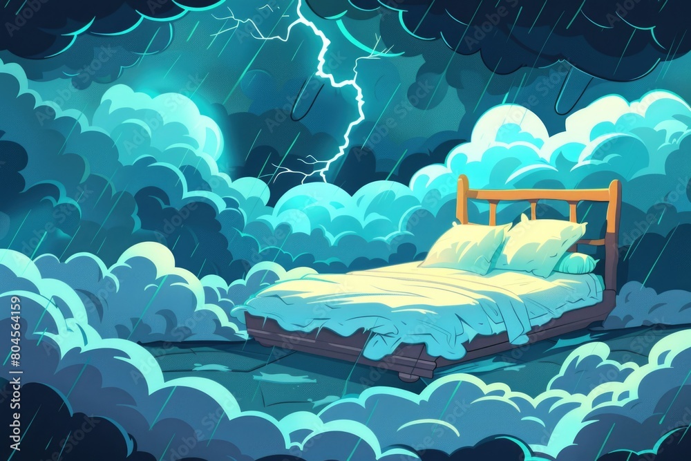 Poster a bed floating in a dreamy sky. perfect for surreal concepts