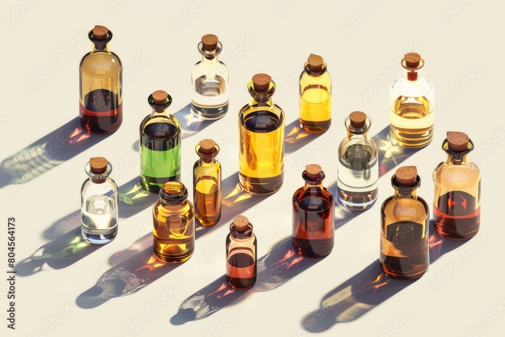 Poster Various colored bottles on a table, perfect for product display