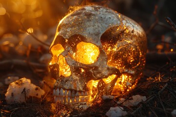 Mysterious image of a glowing human skull amidst dark foliage, creating an atmosphere of fantasy and mythology