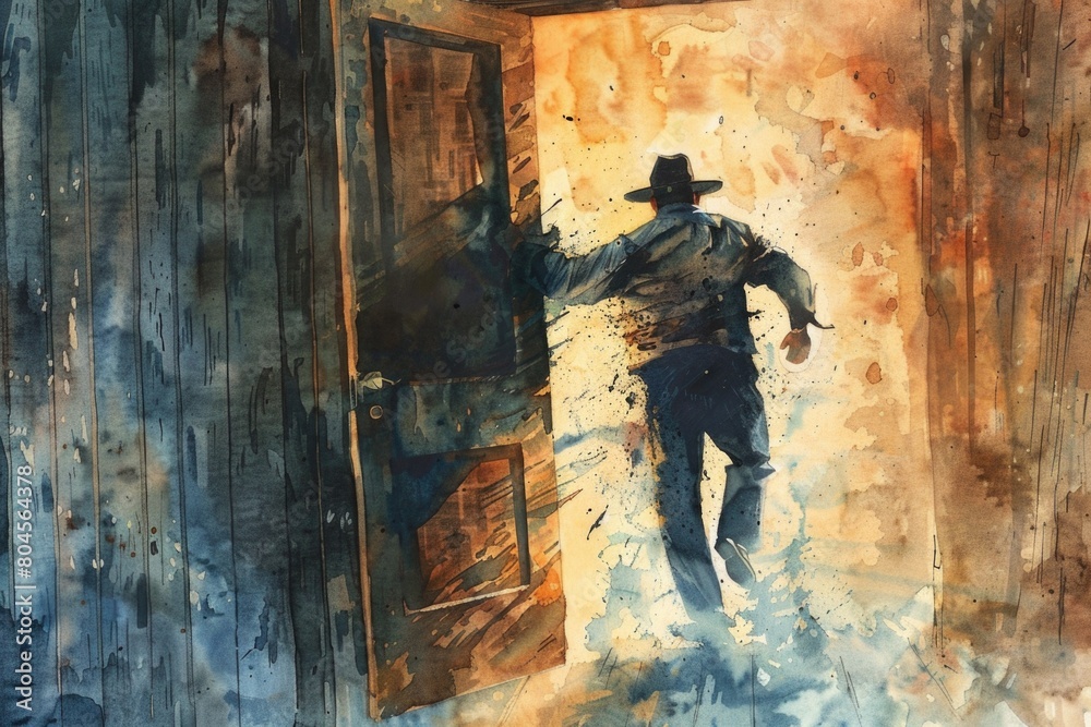 Poster a man walking out of a door, suitable for various concepts