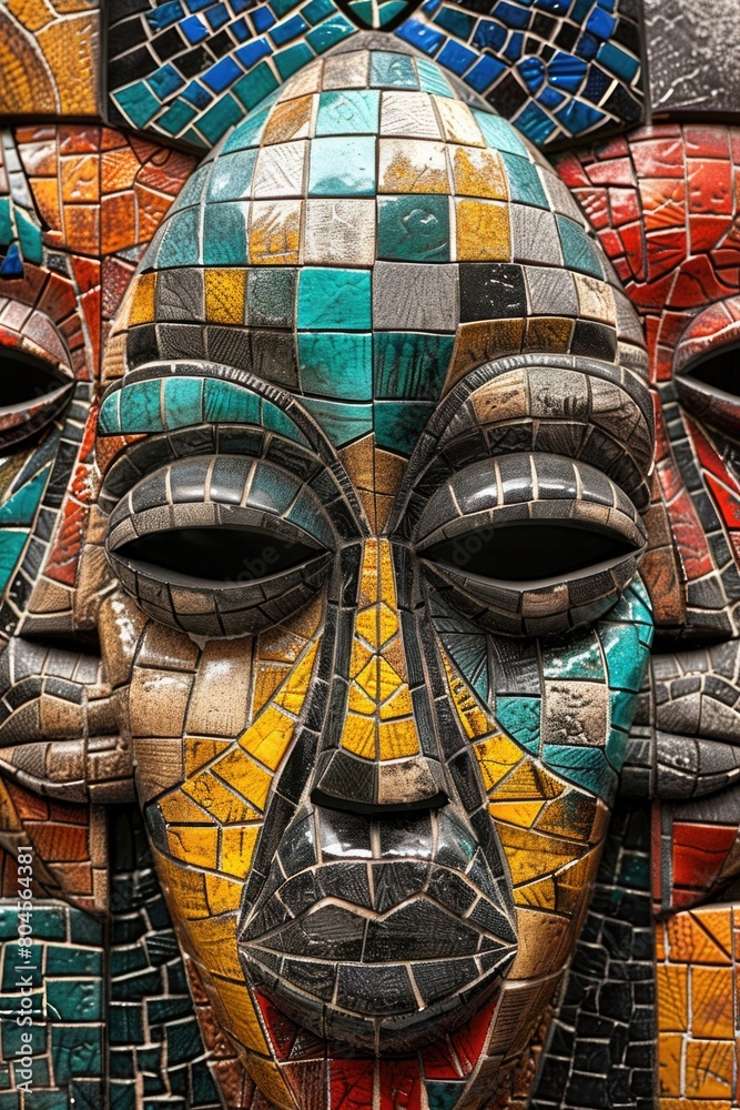 Poster close up of a face made of colorful tiles, perfect for backgrounds or artistic projects