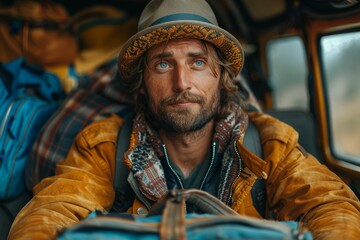 A male adventurer with a weathered look, focused gaze, hat, in a retro van setting - Powered by Adobe