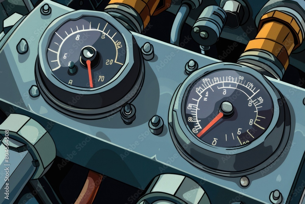 Poster detailed view of machine with gauges and valves, suitable for industrial concepts