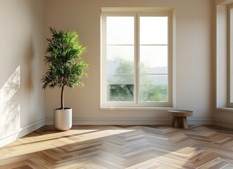 3d rendering of modern empty room interior with parquet floor and window
