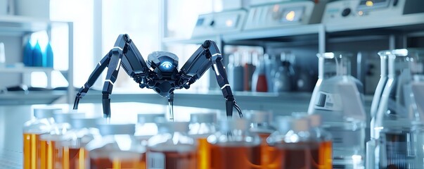 Compact Spider like Robot Maneuvering in Cluttered Medical Lab Dispensing Chemicals with Precision - obrazy, fototapety, plakaty