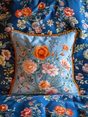 Luxurious Blue Pillow With Orange and Pink Flowers