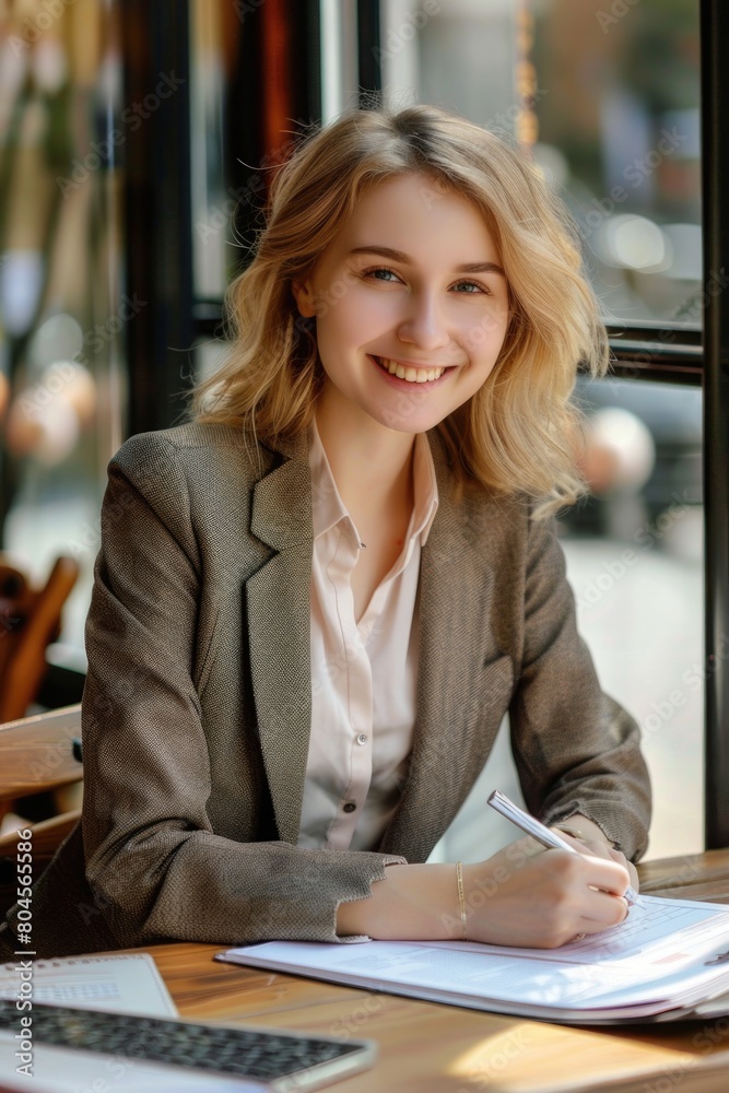 Poster a woman sitting at a table with a notebook and pen. suitable for business and education concepts