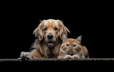 Golden retriever and cat with blurred faces and emotion between animals - obrazy, fototapety, plakaty