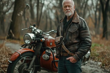 Obraz premium A man standing next to a motorcycle in the woods. Suitable for outdoor adventure themes