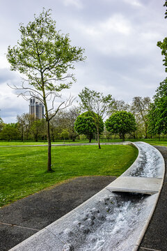 Diana Memorial Fountain is located south of the Serpentine Lake (designed by Gustafson Porte, 2004). London, UK. April 19, 2024.