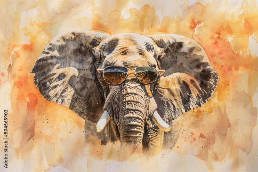 Poster a fun painting of an elephant wearing stylish sunglasses. perfect for adding a playful touch to any 