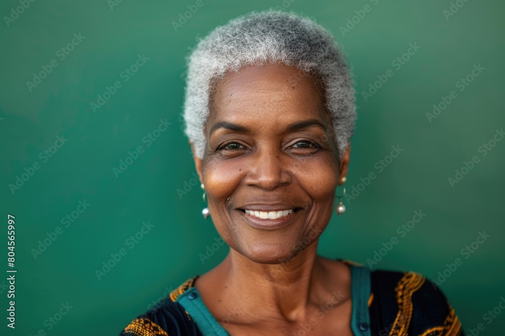 Wall mural A woman with short hair smiling at the camera. Suitable for various projects