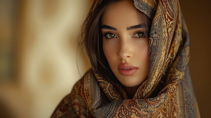 woman wearing a paisley shawl