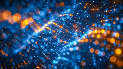 Luminous blue and orange digital particles form a dynamic wave pattern, capturing the vibrant energy of digital technology and innovation in a visually striking background