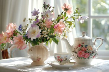 A vase of flowers next to a tea pot, suitable for home decor
