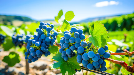 Ripe blue grapes hang from lush vines under bright sky, symbolizing rich bounty of nature and art of winemaking in vibrant vineyard setting