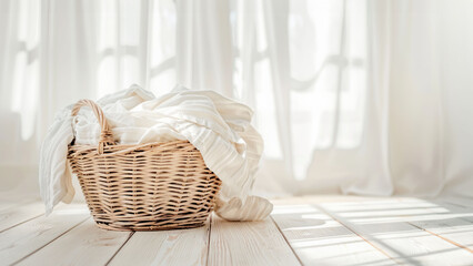 Fototapeta premium Wicker basket filled with white laundry bathes in sunlight by window, depicting freshness and simplicity of laundry day in bright, airy home environment. Cleaning. Copy space