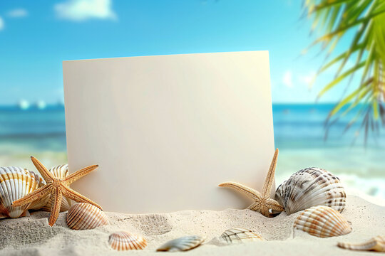 Blank postcard stuck in mound of sand next to a starfish and sea shell