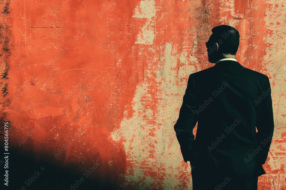 Poster a man in a suit standing in front of a red wall. perfect for business concepts