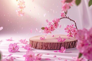 A wooden plate with delicate pink flowers, perfect for adding a touch of nature to your designs - Powered by Adobe