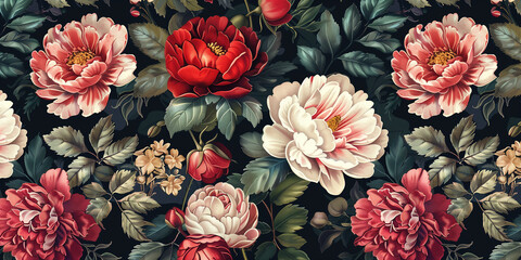 Vibrant vintage floral pattern blooming flowers on dark background - obrazy, fototapety, plakaty