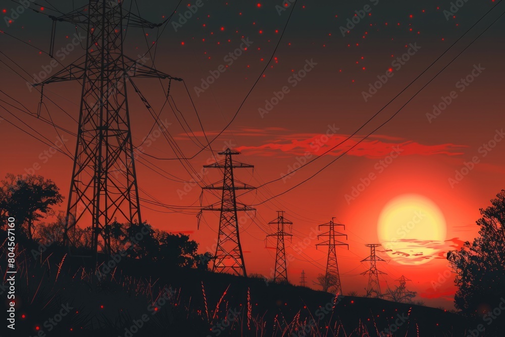 Poster beautiful sunset with power lines in the foreground. perfect for illustrating energy concepts