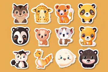 Cute animal stickers with various facial expressions on brown background