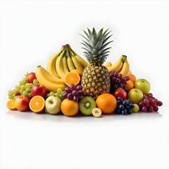 A variety of fresh fruits including pineapple, bananas, oranges, apples, grapes, and other colorful produce arranged