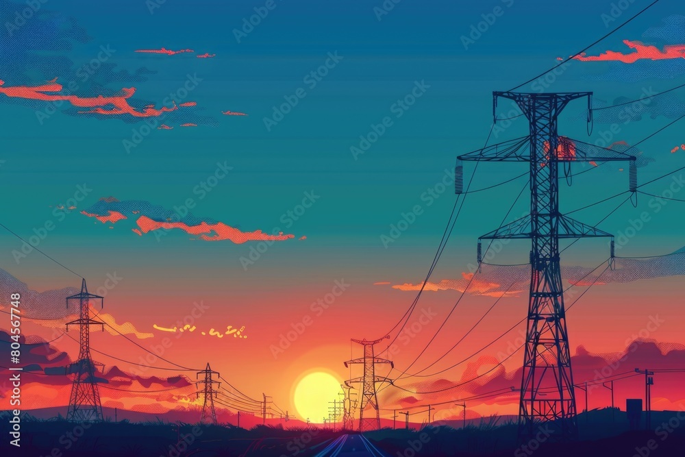 Poster a beautiful sunset scene with power lines and poles. perfect for energy or infrastructure concepts