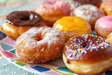 Plate with various donuts, perfect for bakery or dessert concept